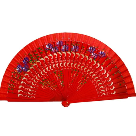 

greenhome Folding Fan Hollow Out Double-sided Craft Gift Dancing Printing Wood Spanish Hand Fan Party Supplies