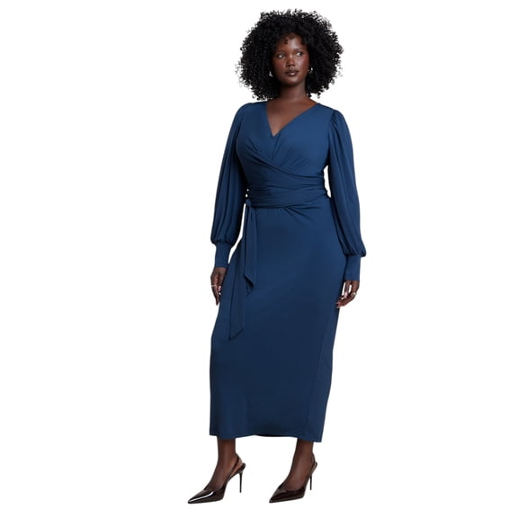 ELOQUII Women's Plus Size Cross-Front Belted Knit Midi Dress