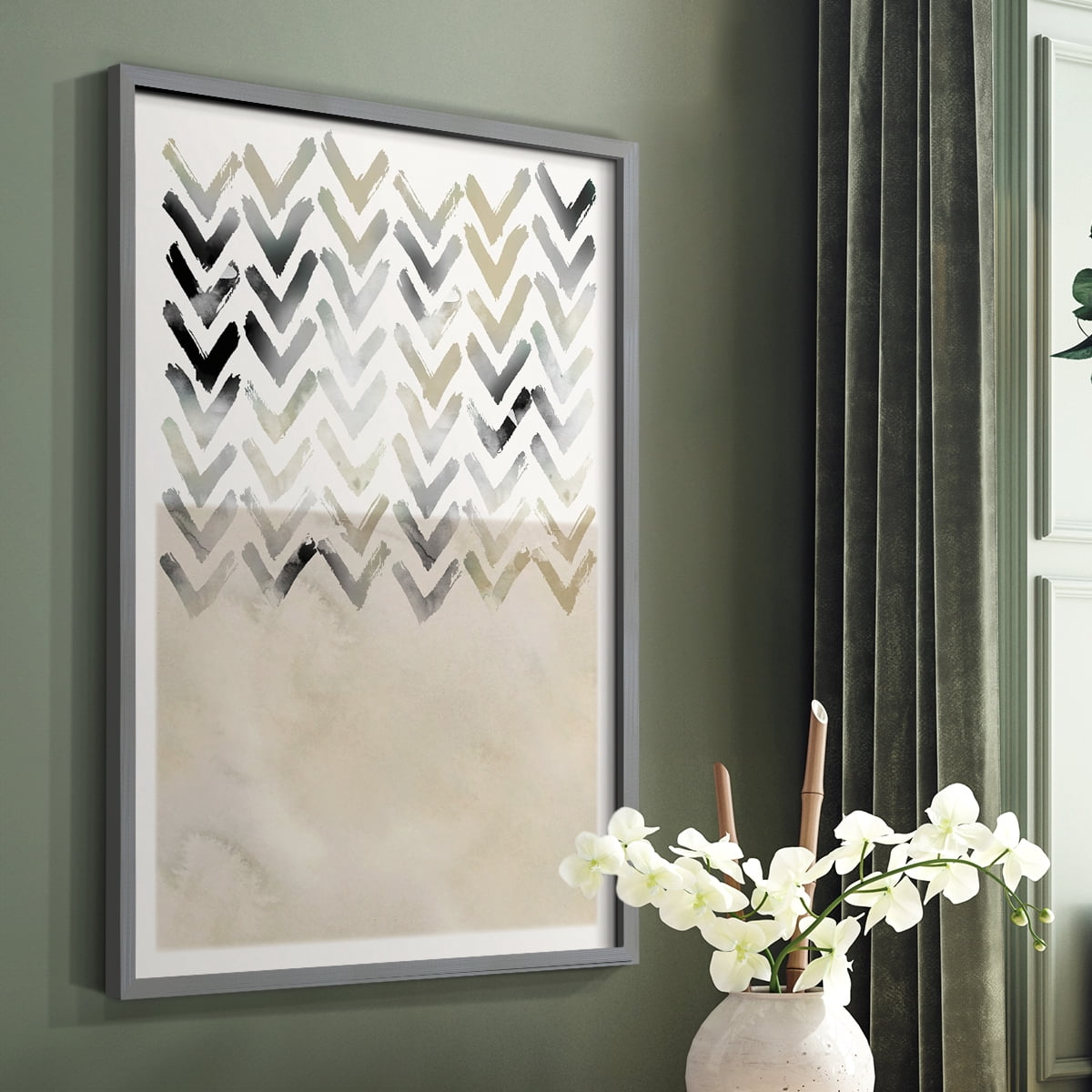 Neutral Chevron in Gray Solid Wood 22 x 28 Framed Print