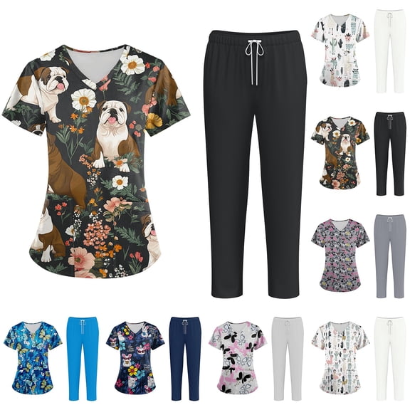Women's Medical Scrubs Set Short Sleeve V Neck Floral Scrubs Top & Jogger Wide Leg Solid Pants, S