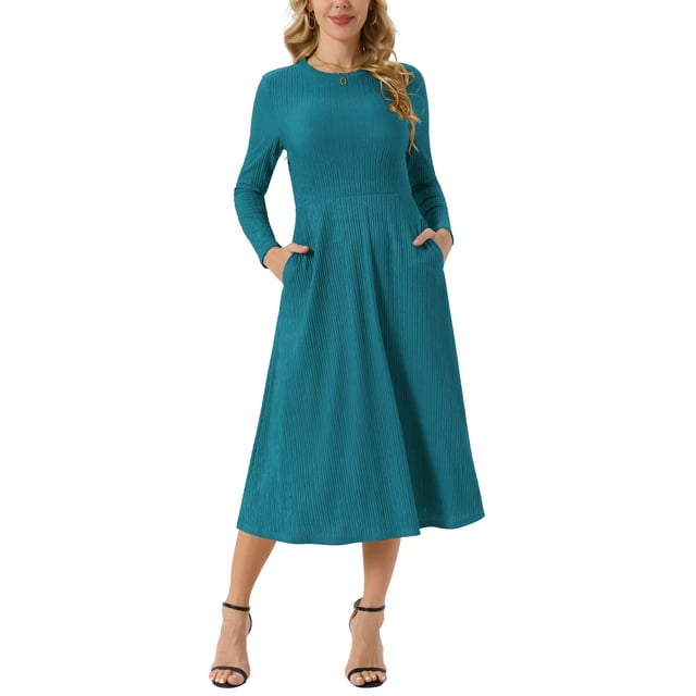 INSPIRE CHIC Vestidos de Otoño para Mujeres de Manga Larga Cuello Redondo Tejido A-Line Vestido Midi Casual XL Azul Lago