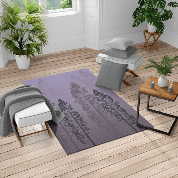 Country Turkish Area Rug, Pine Trees in the Forest on Foggy Seem Ombre Backdrop Wildlife Adventure Art, Soft Carpet for Living Room Decor, 5.2' X 7.6', Pale Lavender, by Ambesonne