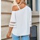 thumbnail image 5 of Blusa de un hombro para mujer, manga de panel de malla 3/4, blusa informal con correa de metal de color puro para primavera y verano, 5 of 8