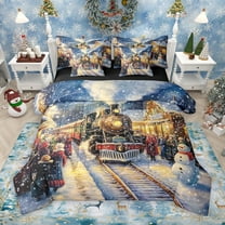Manfei Retro Train 7pcs Bedding Comforter Set,Cute Cartoon Snowman Queen Bedding Sets,Merry Christmas Queen Sheet Sets For Kids,Super Cozy Room Decor Reversible