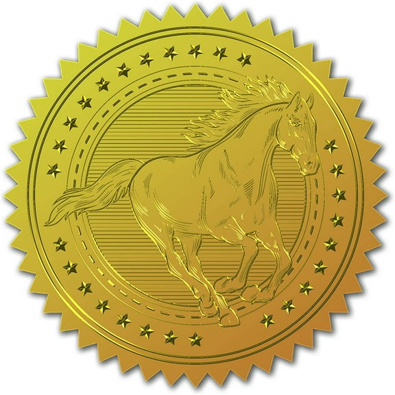 100pcs Gold Foil Certificate Seals - Mustang Embossed Gold Certificate Seals 2" Round Self Adhesive Embossed Stickers for Invitations Graduation Monogram
