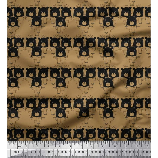Soimoi Brown Poly Georgette Fabric Teddy Bear Face Print Sewing Fabric Yard 52 Inch Wide