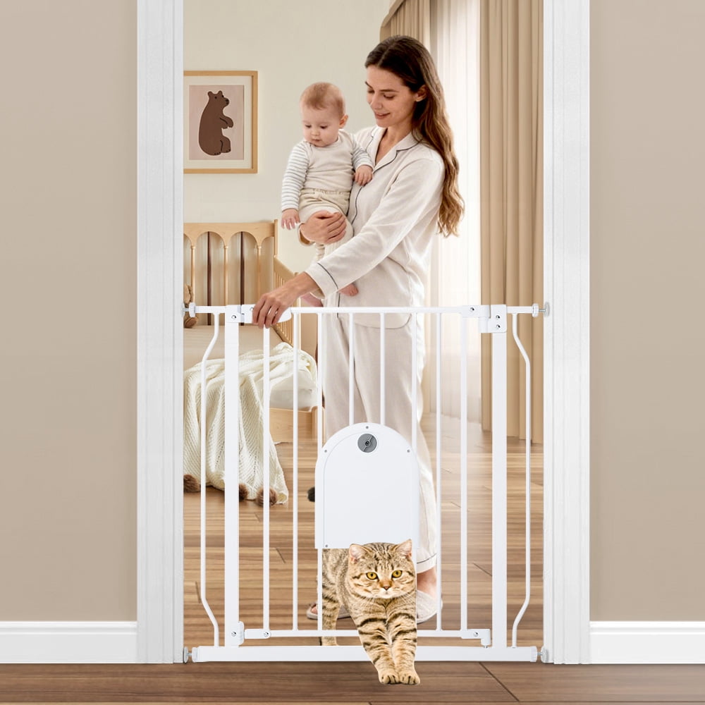 Pet Gate, 29.5''-34.25'' Domipet Pet Gate with Cat Door, Pressure Mount, Safety Gate Gift,White