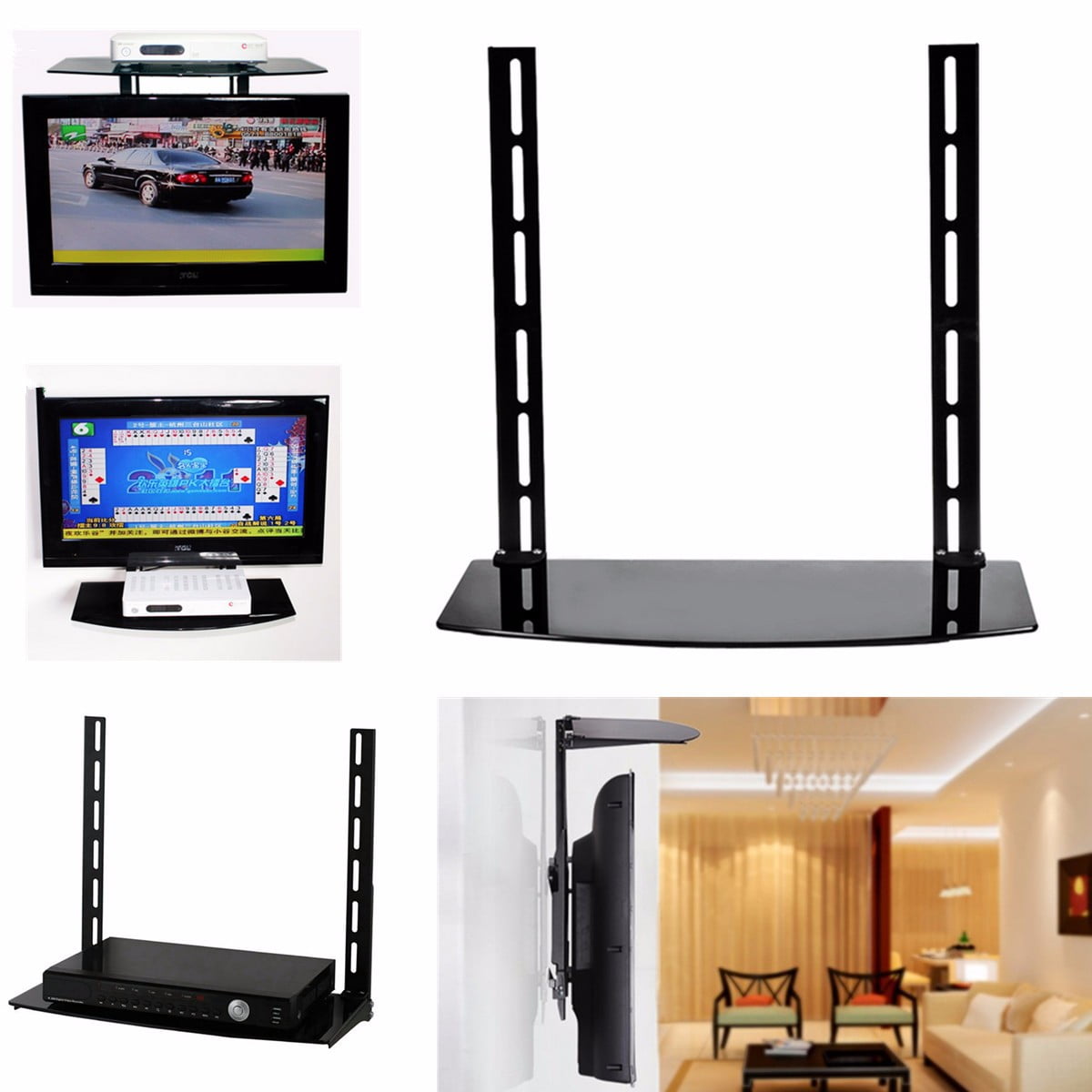 Glass Shelf TV Wall Mount Bracket Component Above Below Under Cable Box