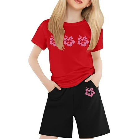Gyexs Big Girls Workout Sets Fashion Floral Printed Tracksuit Set Casual Round Neck Short Sleeve Tops Shorts 2 Piece Outfit Red 10-11 Years