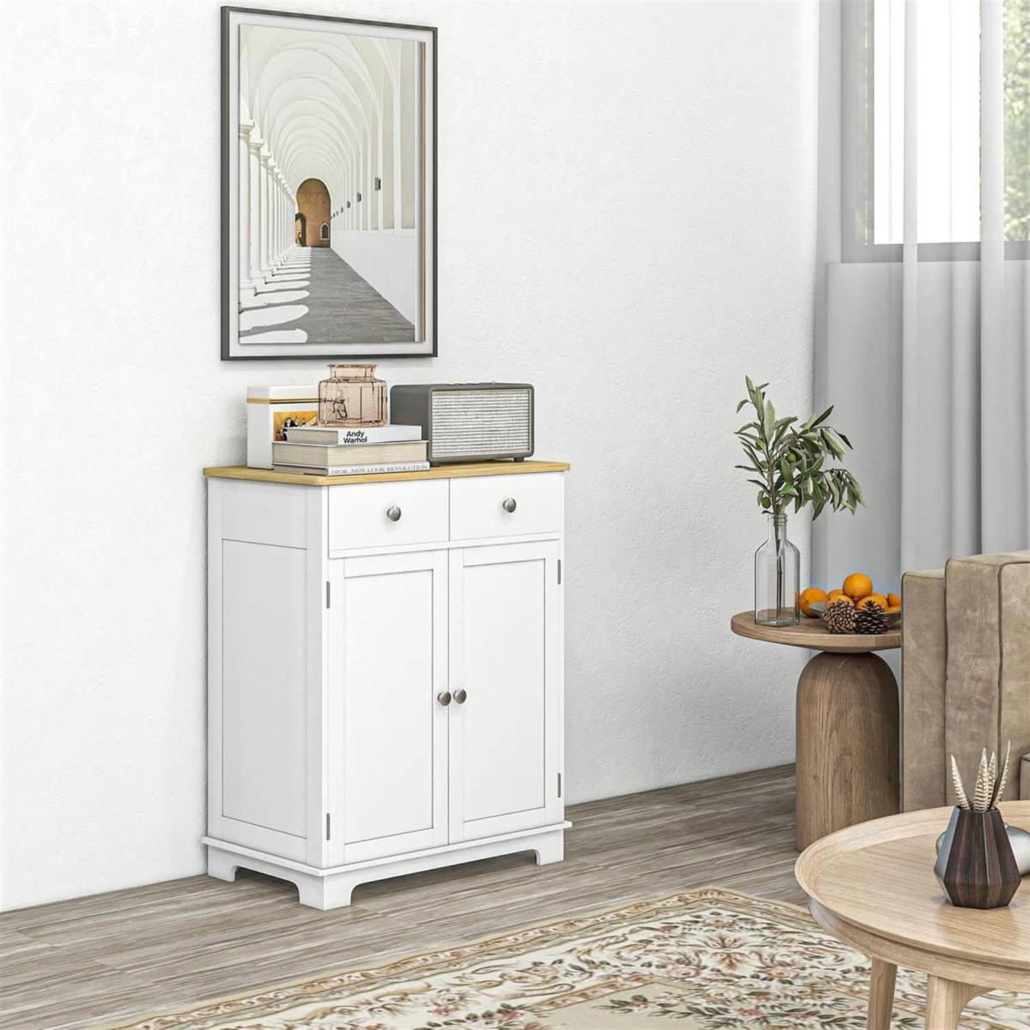Demi Bonn 33" Kitchen Storage Cabinet Solid Wood Top Sideboard Floor Cupboard, Adjustable Shelf & 2 Drawers for Home Organization, White