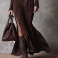 thumbnail image 2 of Women'S Western Suede Long Dress Fall Long Sleeve Zip Up Bodycon Slim Fit Dresses Brown S, 2 of 5