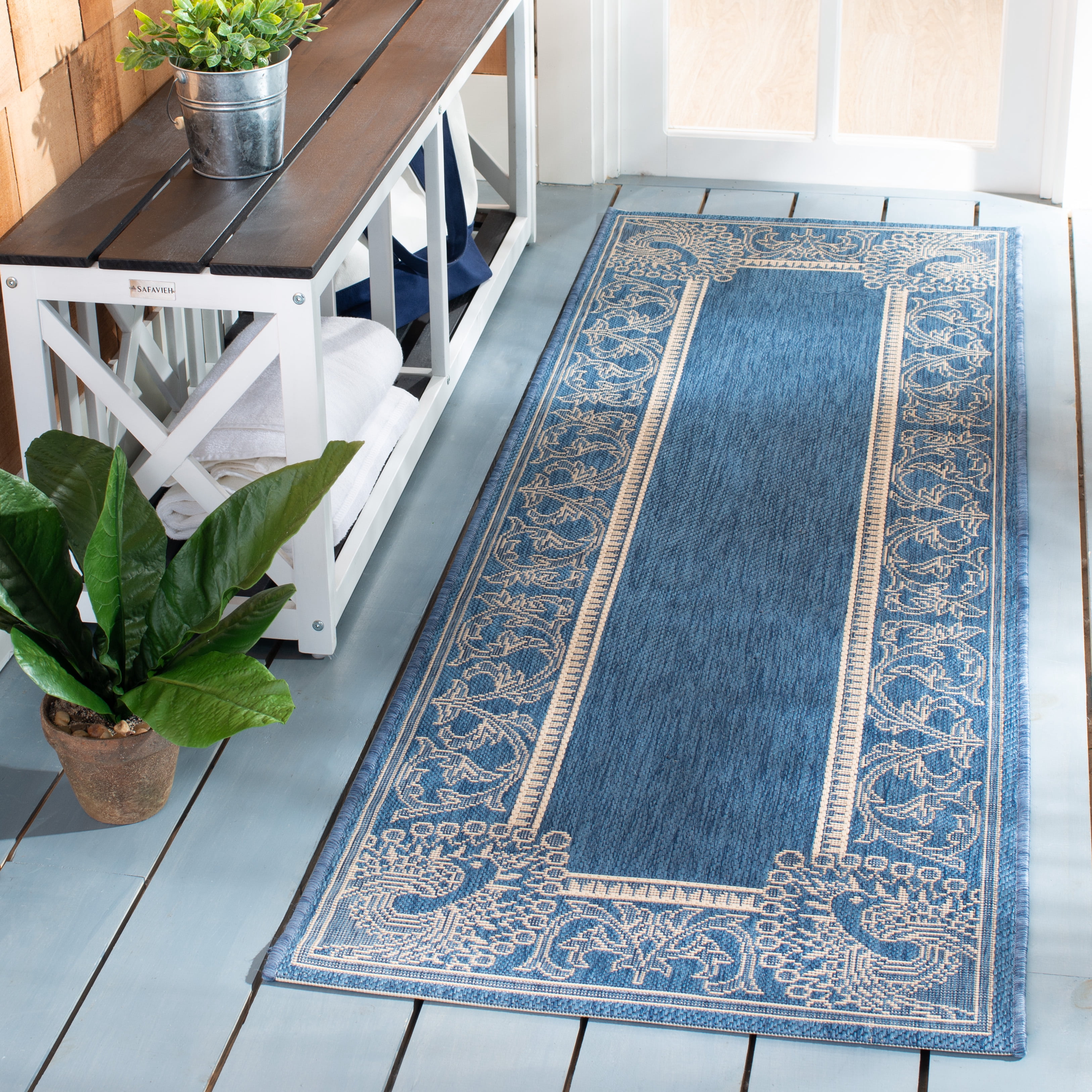 Safavieh Courtyard Cooper Botanical Indoor/Outdoor Runner Rug, Blue/Natural, 2'3" x 12'