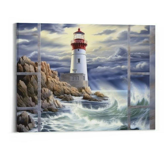 Creowell Lighthouse Nautical Pictures Wall Art Ocean Canvas Wall Decor Nautical Painting Lighthouse Framed Artwork for Bathroom Bedroom Living Room 20x16 inch