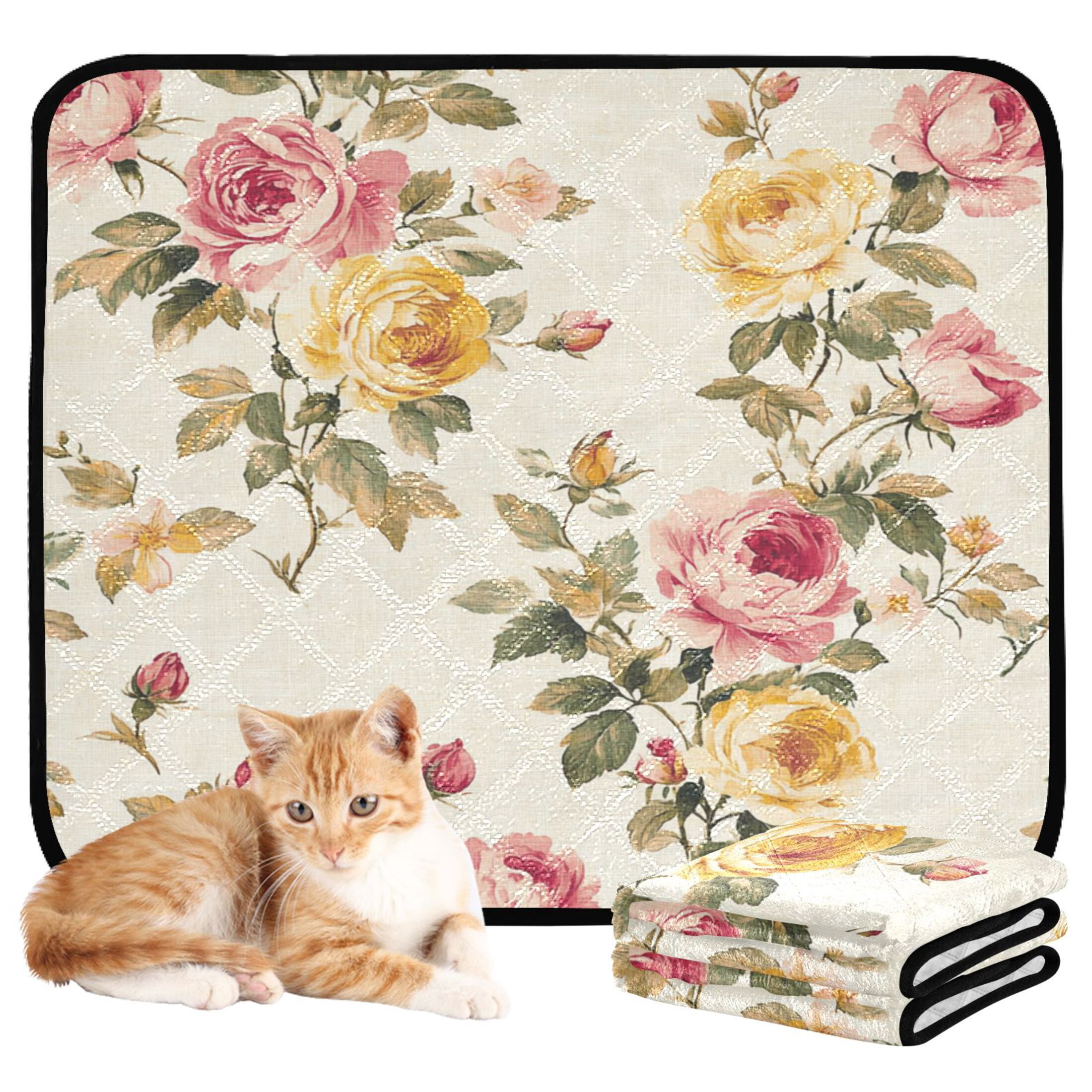 Qxltty Vintage Shabby Chic Floral Pattern with Roses Cat litter Pads Pet Set of 2 Diaper Mats Center Anti-leakage Layer Absorbent Soft and Comfortable