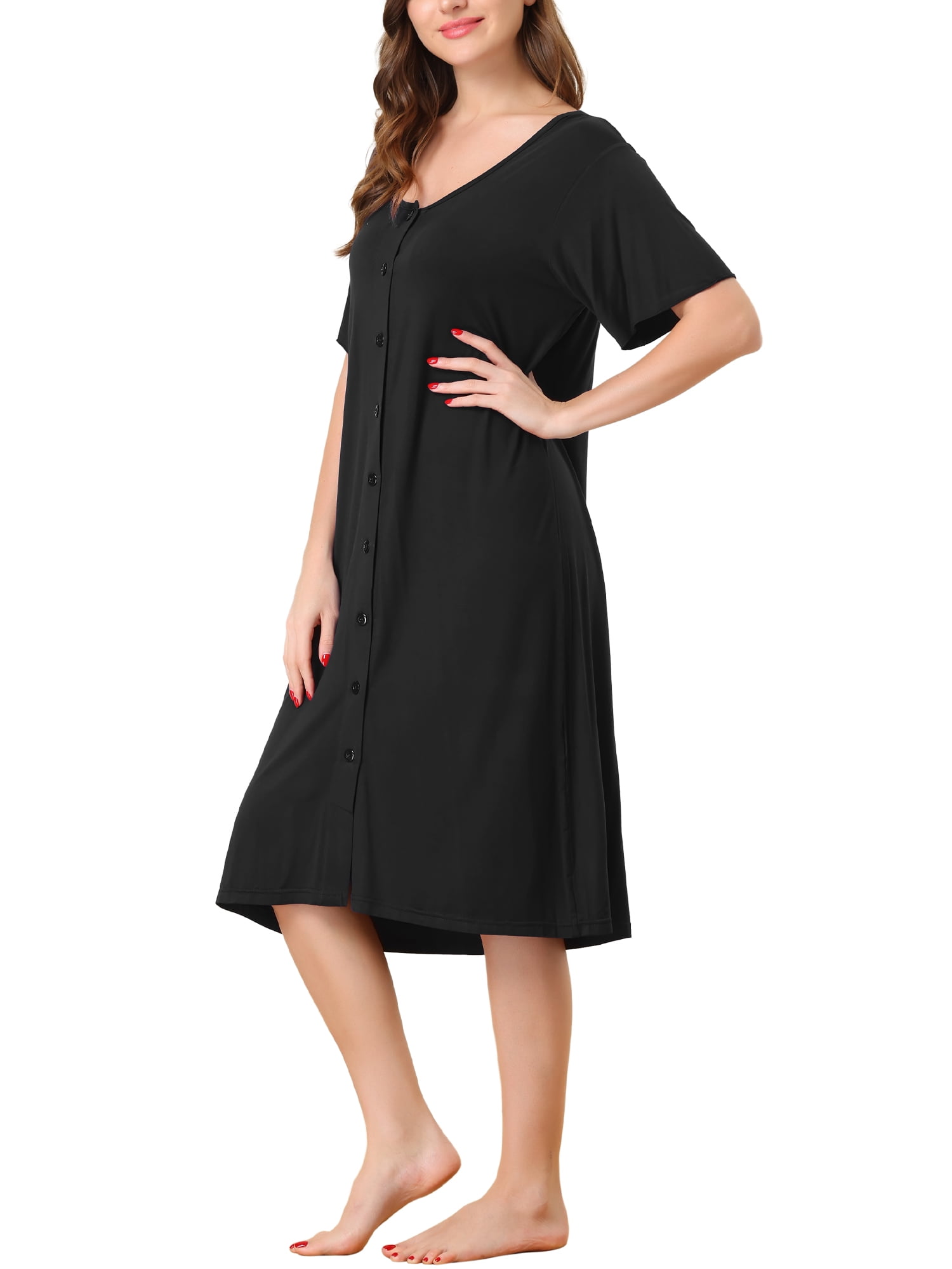 Unique Bargains Womens Modal Nightshirt Soft Button Down Short Sleeve Nightgown