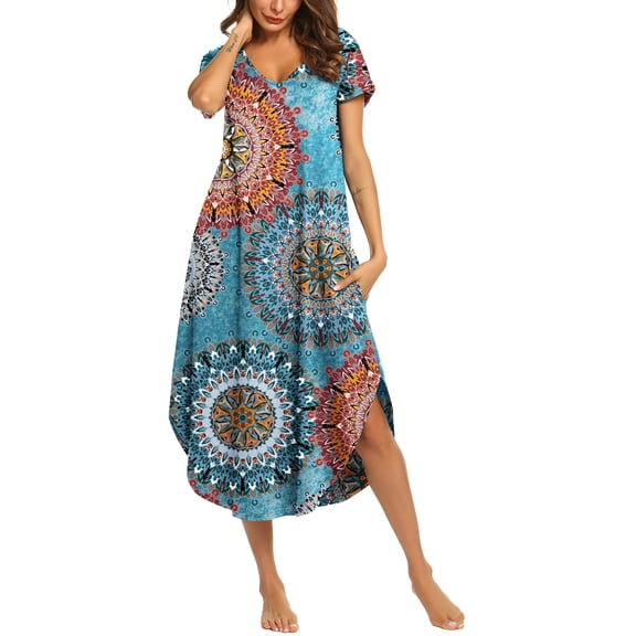 Avidlove Women Nightgown Long Nightshirts Short Sleeve Soft Sleepwear Side Split V Neck Nightdress with Pockets