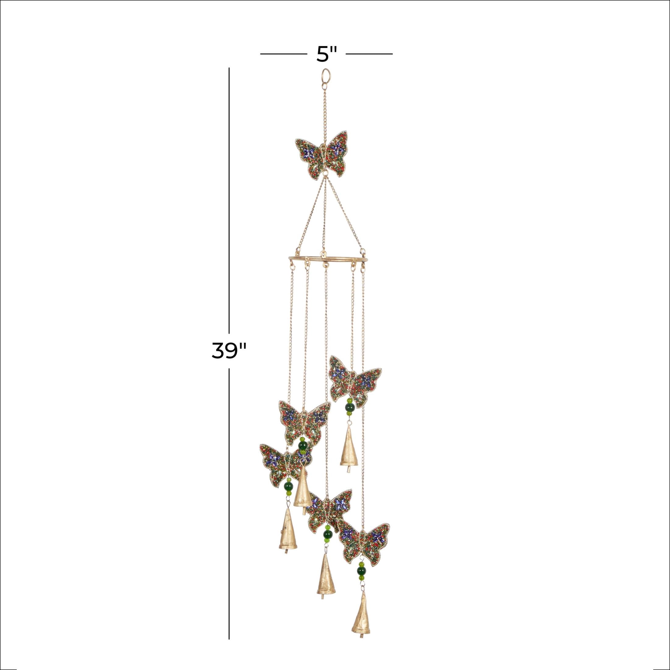 DecMode 39" Gold Metal Handmade Embellished Butterfly Windchime with Glass Beads and Cone Bells