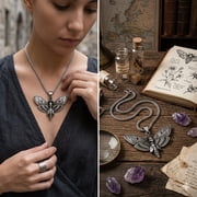ZMY Home Gothic Death's-head Hawkmoth Necklace, Vintage Skull Moth Pendant Silver Statement Jewelry for Women