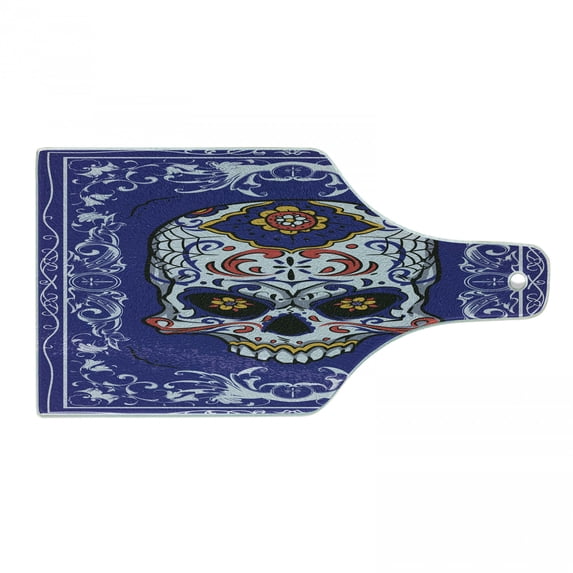 Sugar Skull Cutting Board, Scary Floral Skull with Motifs in Ornate Framework Swirls Gothic Vintage Look, Tempered Glass Cutting and Serving Board, Wine Bottle Shape, Multicolor, by Ambesonne