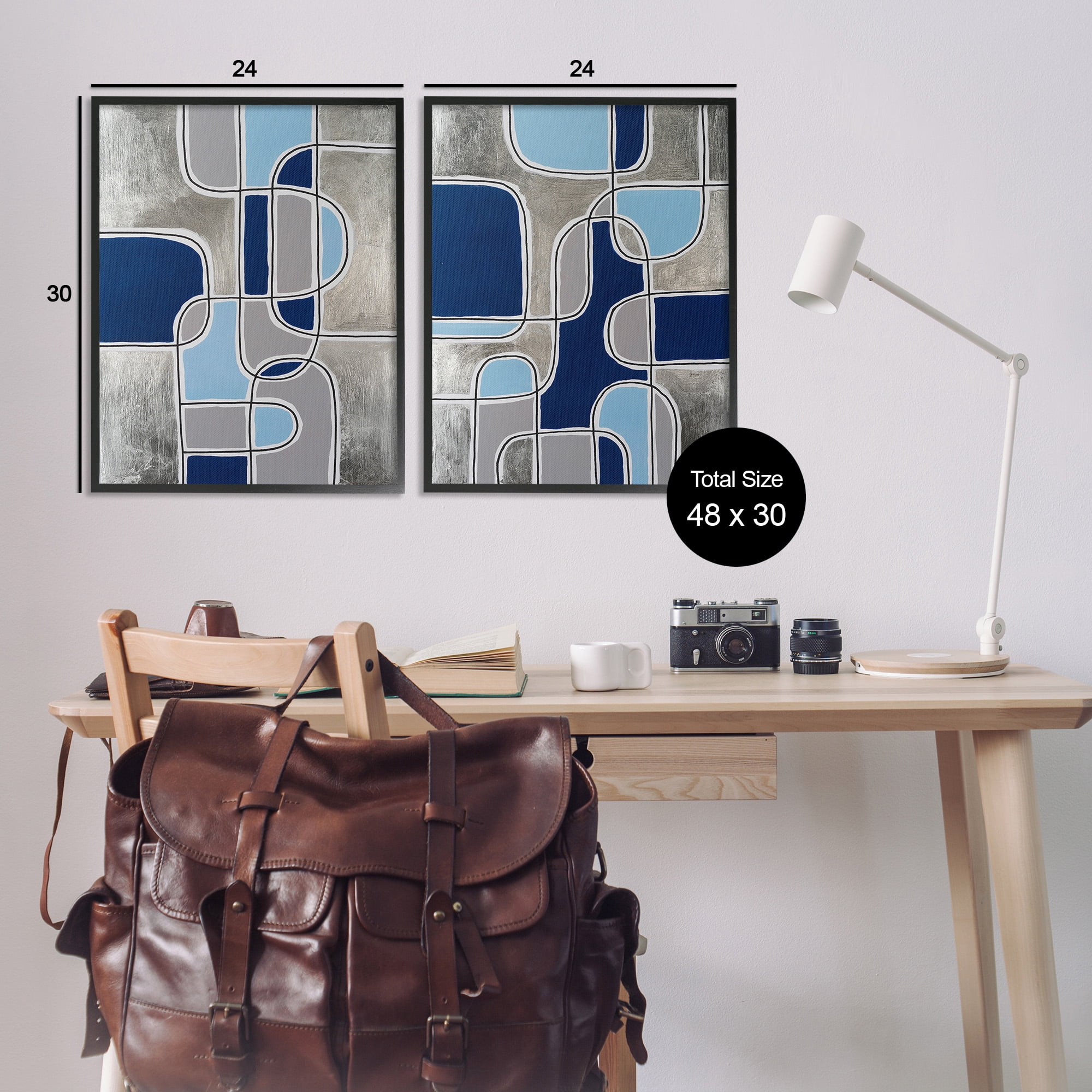 Stupell Industries Blue & Grey Geometrics Abstract Painting Black Framed Art Print Wall Art, 24 x 30, Set of 2