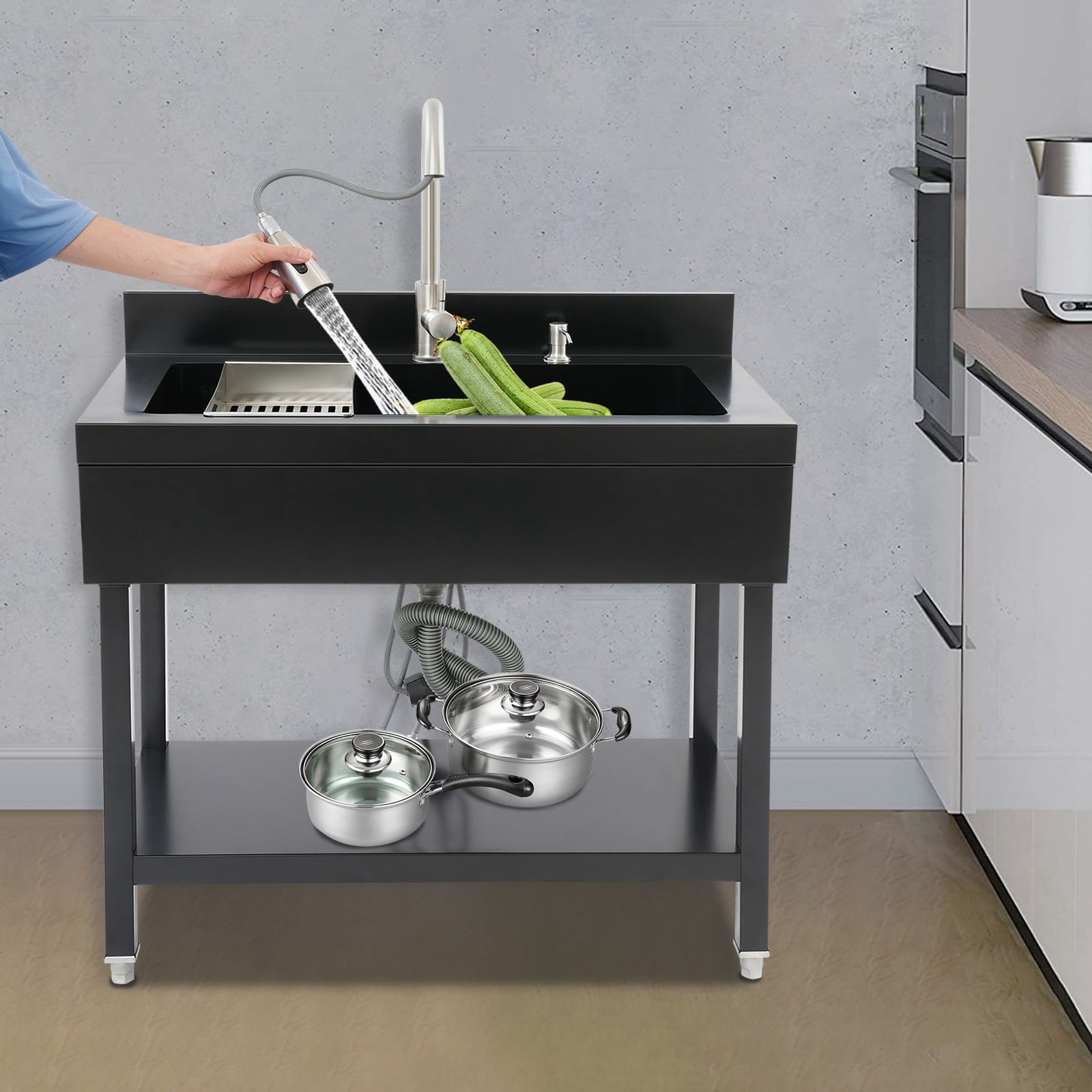 Freestanding Sink, Kitchen Sink, Black Stainless Utility Laundry Basin, 35.4”, 201 Steel, 360° Swivel Pull-Out Faucet, Dual Water Modes, Hot & Cold, Storage Shelf, Draining Basket, Durable