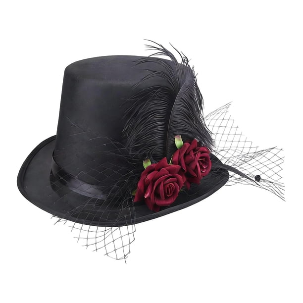 Sombrero de copa victoriano para disfraz, cómodo, con rosas artificiales y plumas para fiesta. Altura 15cm