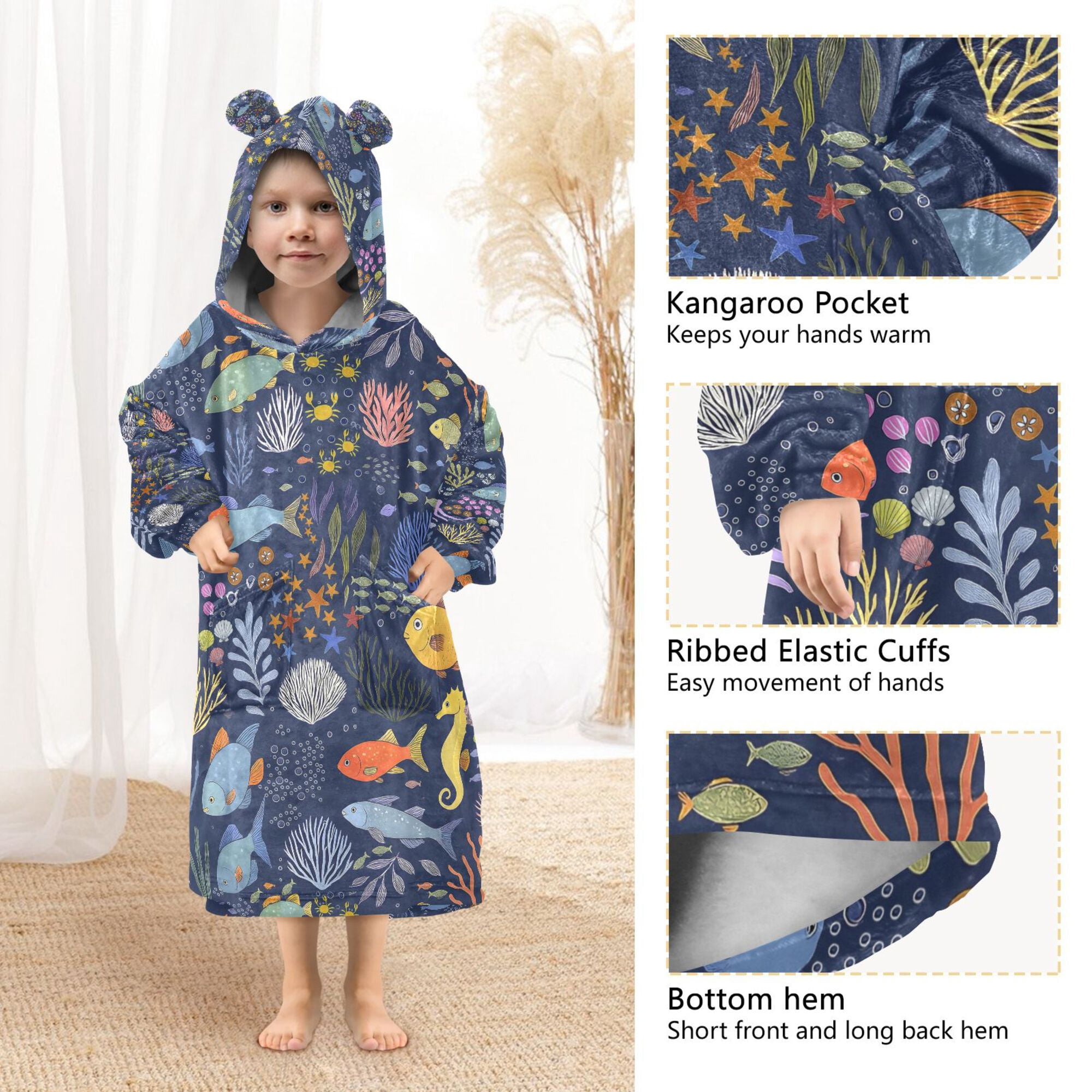 FORMRS Wearable Blanket Hoodie with Sleeves for Kids Cozy Flannel Sweatshirt, Cartoon Ocean Pattern