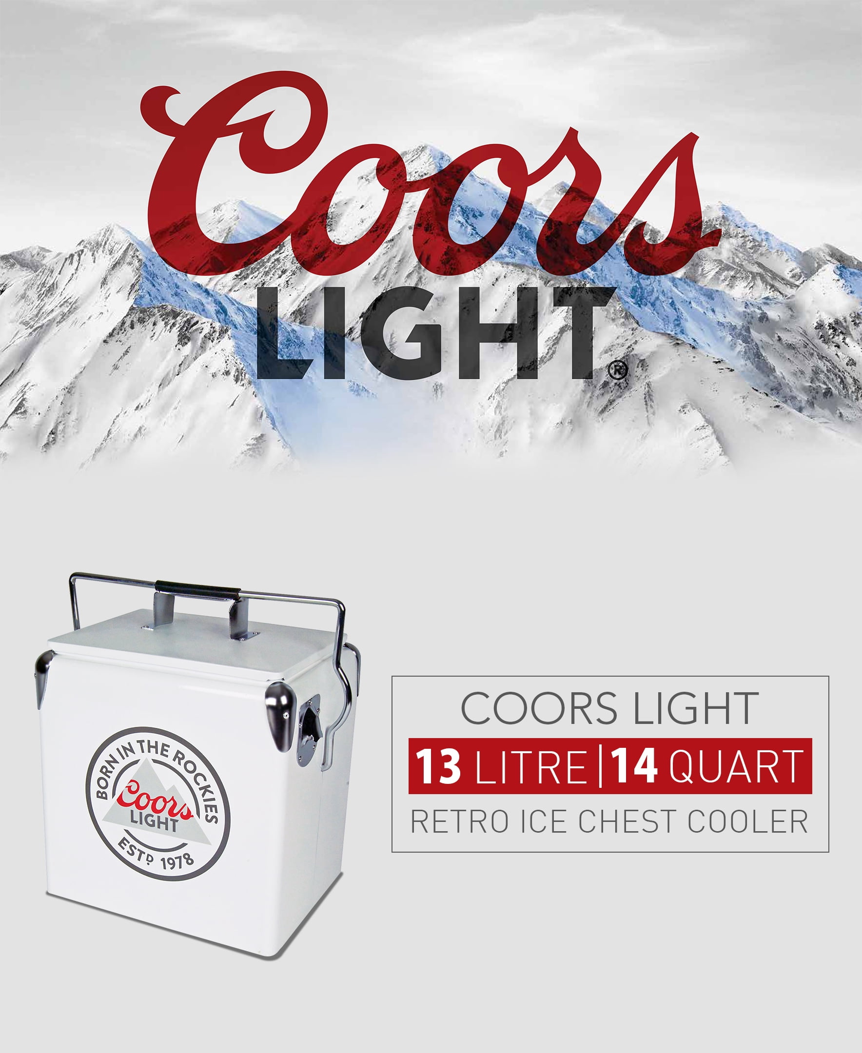 Coors Light Retro Ice Chest Cooler with Bottle Opener 13L (14 qt), White and Silver