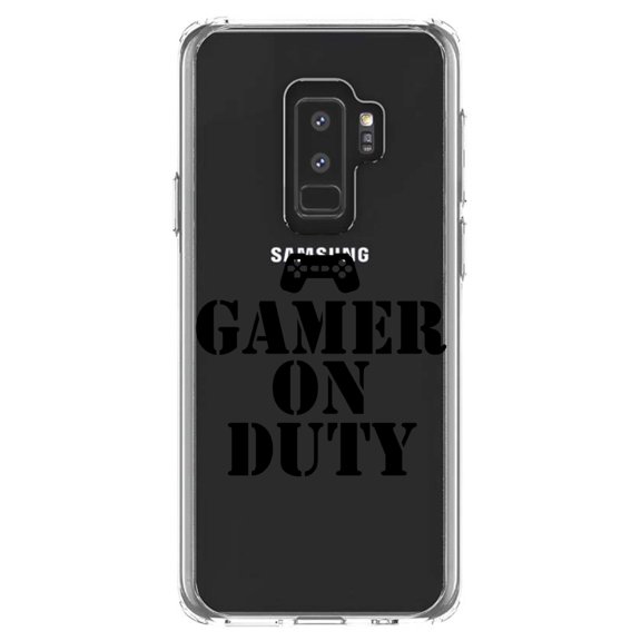 DistinctInk Clear Shockproof Hybrid Case for Samsung Galaxy S9  PLUS (6.2" Screen) - TPU Bumper Acrylic Back Tempered Glass Screen Protector - Gamer on Duty Video Games
