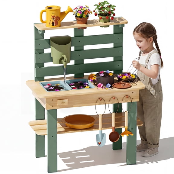 Outdoor Mud Kitchen for Kids, Wooden Play Kitchen with Real Water Play, Cooking Pots, Gardening Tools, Weather-Resistant Design, Storage & Planting Area, Sensory Toy Kitchen for Pretend Play Age 3 