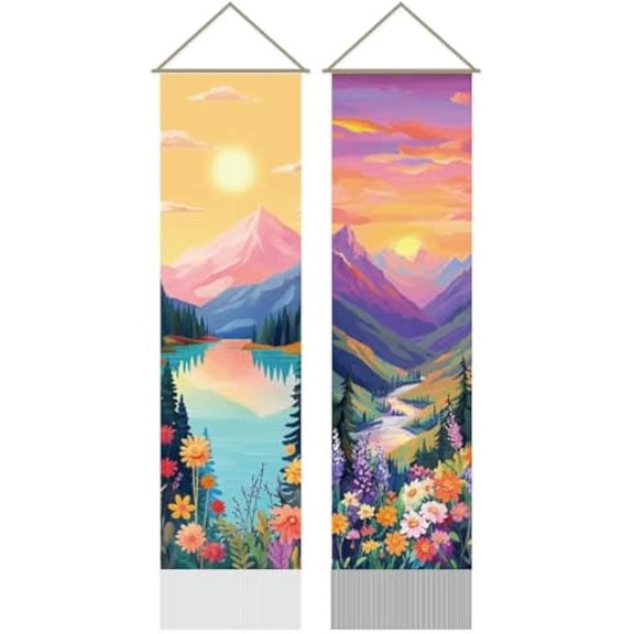 1Set 2Pcs Colorful Sunrise and Sunset Tapestry Mountain River Landscape Long Vertical Tapestry Wall Hanging Nature Scenery Tassel Wall Aesthetic Tapestry for Bedroom Living Room 45.7x13Inch