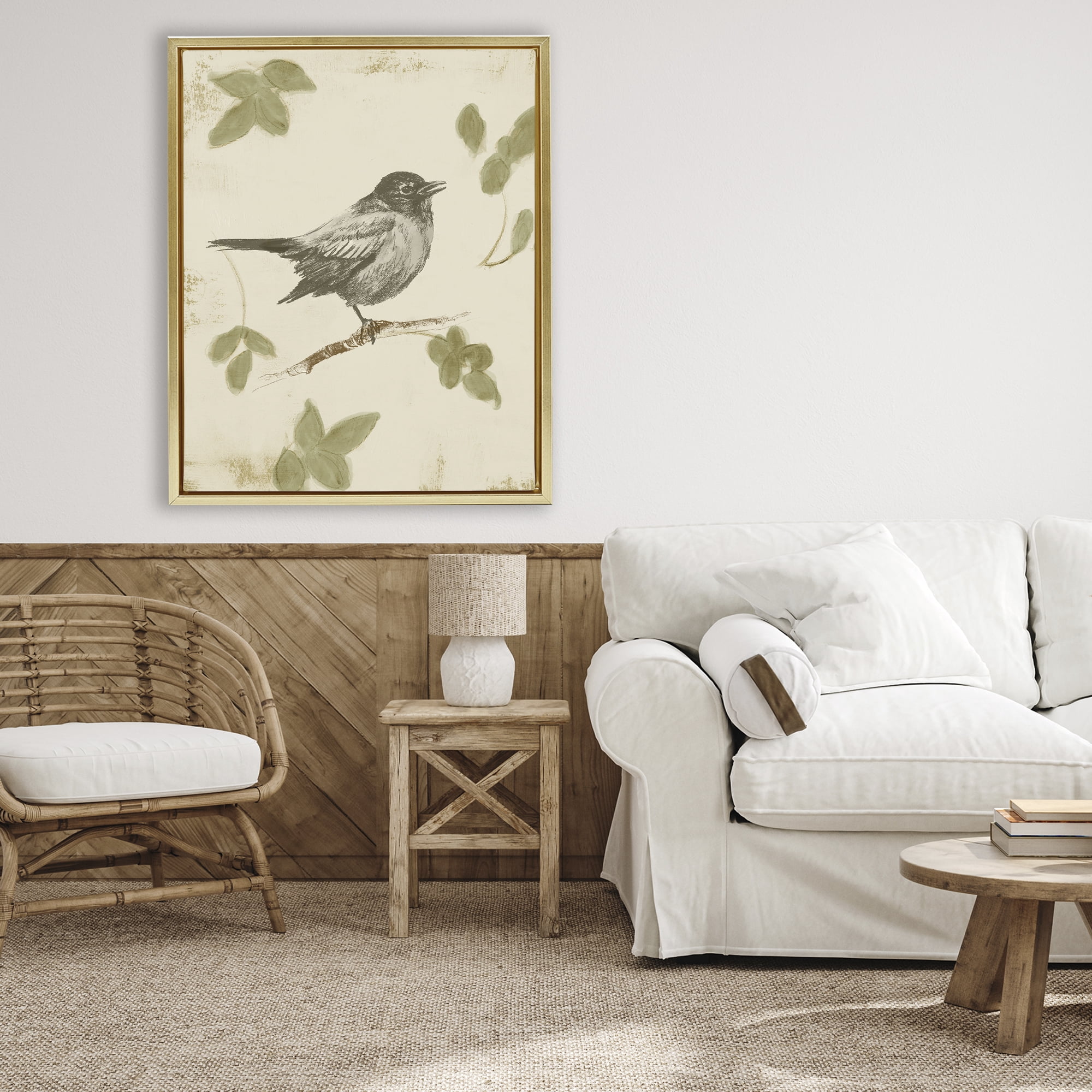 Stupell Industries Bird Scene over Neutral Gold Framed Floater Canvas Wall Art, design by Lanie Loreth