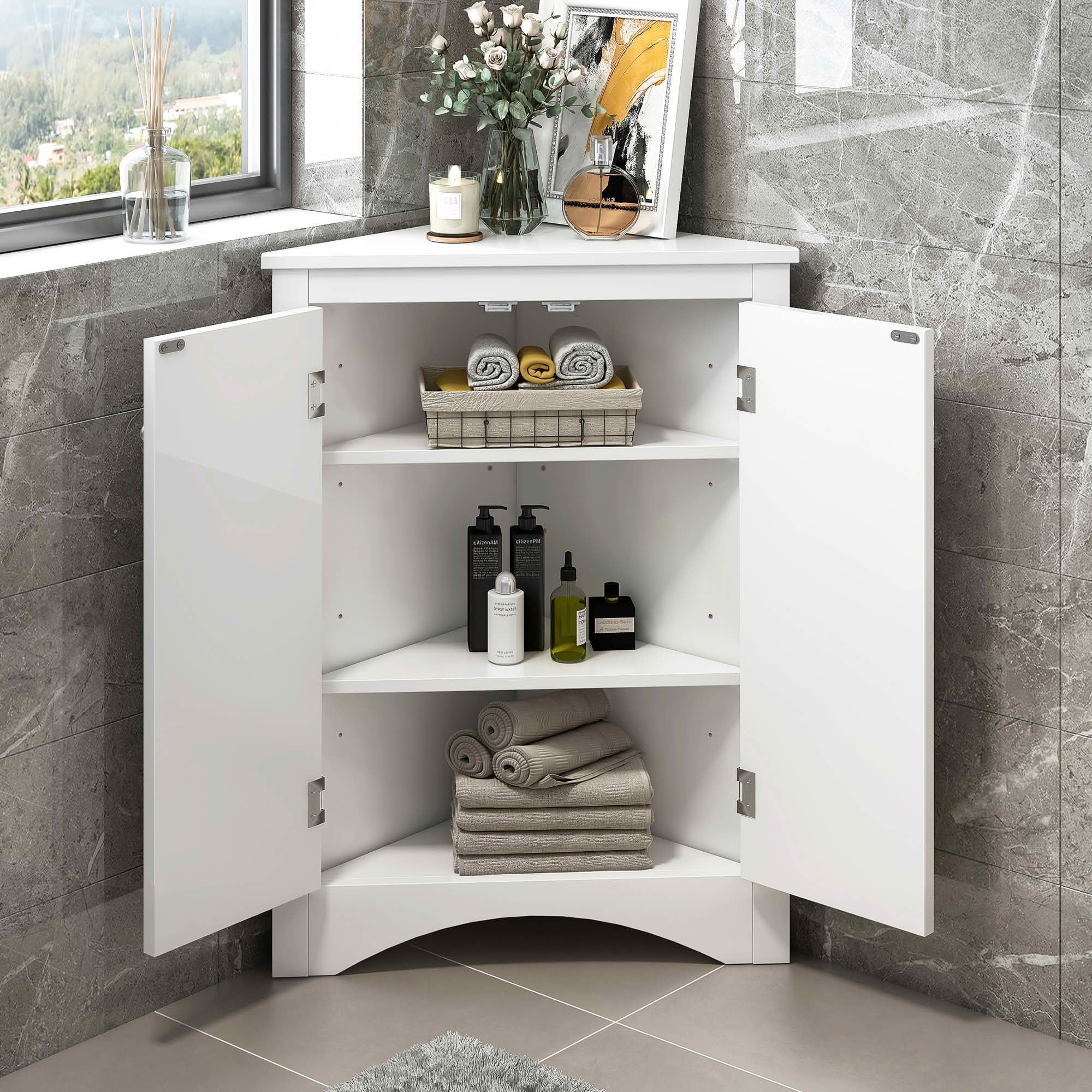MAYEERTY White Triangle Bathroom Cabinet Adjustable Shelves Freestanding Floor Cabinet