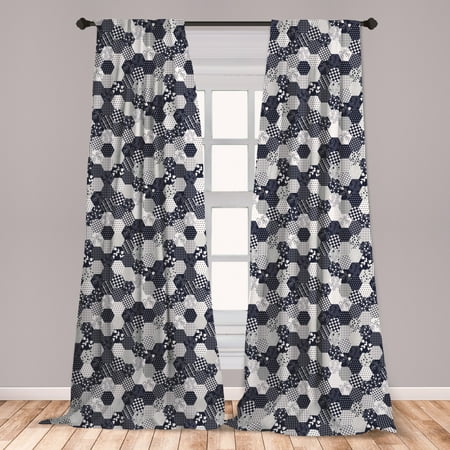 White And Navy Striped Curtains Navy Blue Curtains 2 Panels Set, Octagon Patchwork Style Pattern Image with Dots Stars Squares and Stripes, Window Drapes for Living Room Bedroom, Navy and White, by Ambesonne ()