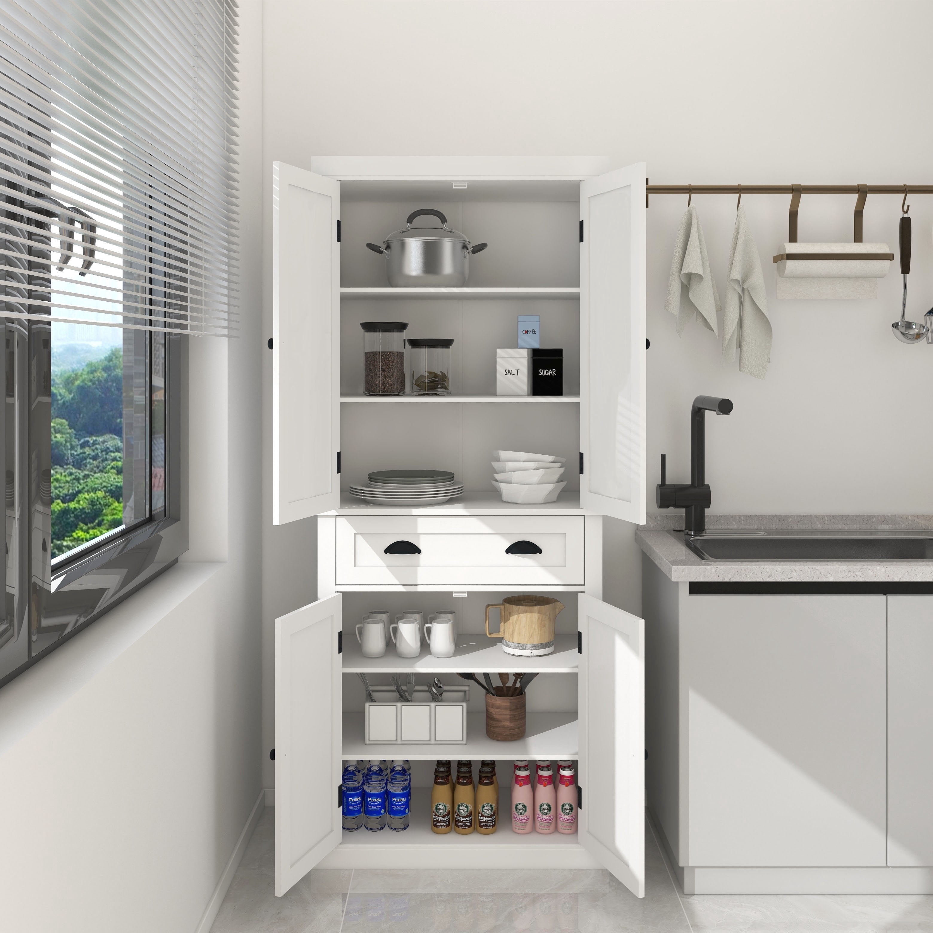 CoSoTower 71" Kitchen Pantry Storage Cabinet , with 4 Doors, Drawer, 2 Adjustable Shelves, Freestanding Cupboard for Dining Room Living Room, Laundry-White