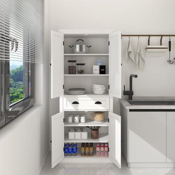 Knubmt 71" Wood Kitchen Pantry Storage Cabinet with Drawer and 2 Shelves, 4 Doors Freestanding Cupboard Cabinet for Dining Room Living Room, White