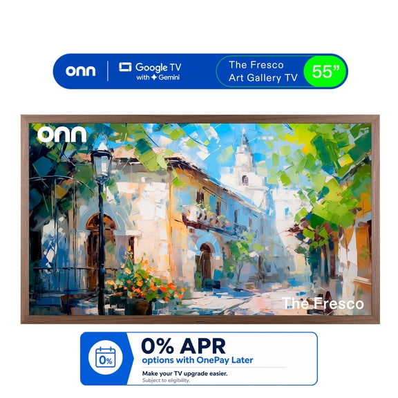 onn 55" The Fresco Art Gallery 4K UHD Google TV with Gemini, Walnut Frame and Mounting Kit