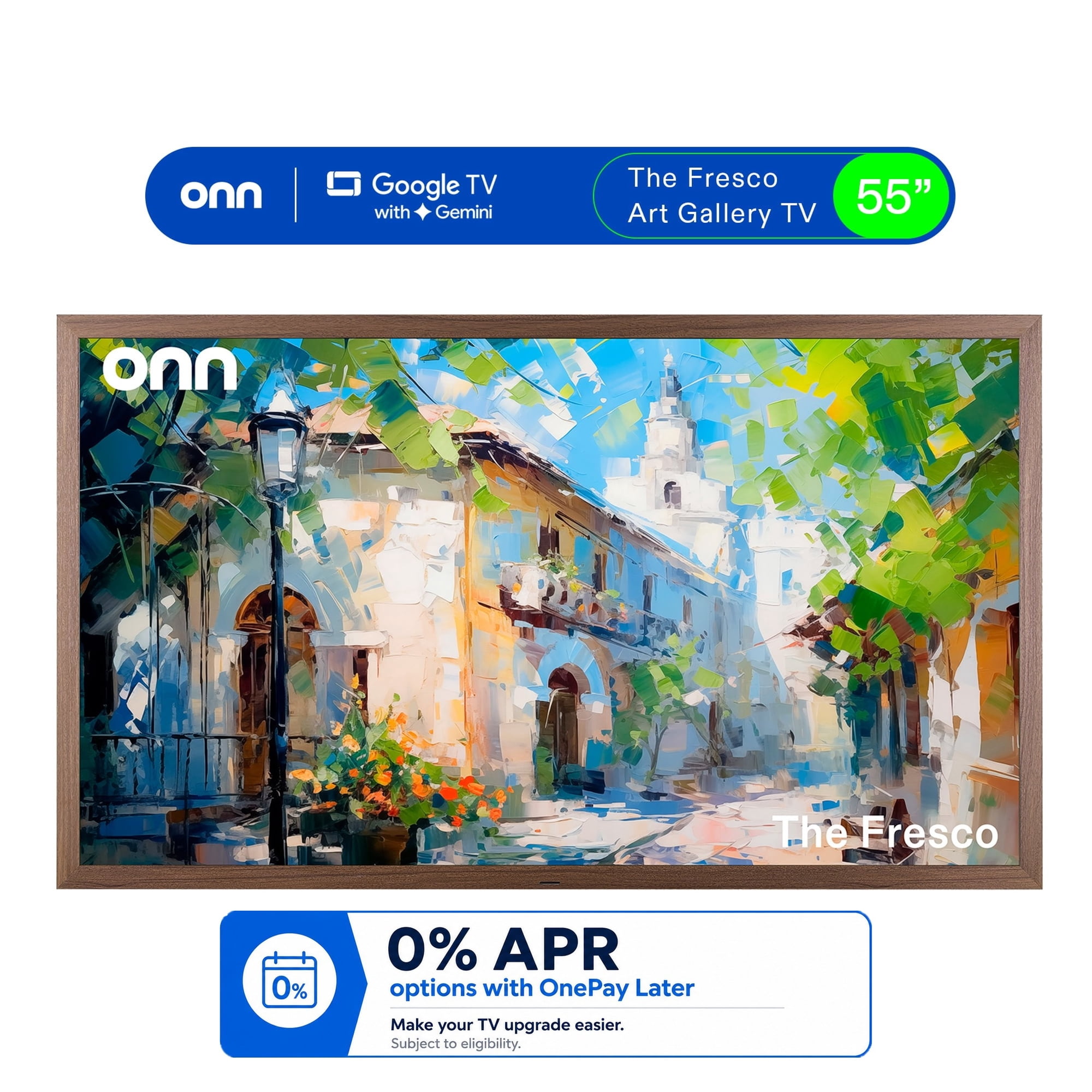 onn 55" The Fresco Art Gallery 4K UHD Google TV with Gemini, Walnut Frame and Mounting Kit