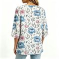 thumbnail image 4 of Asgosdo Women Tops Shirts Blue Pink Peony Floral Vine Print Notched V Neck Decorative Button 3/4 Sleeve Loose Flowy Polyester Casual Blouses Multi Color Four Season Womens Tops, 4 of 5