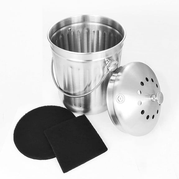 Stainless Steel Indoor Compost Bin for Kitchen Countertop, 1.3 Gallon Recycling Pail Bucket with 2 Charcoal Filters