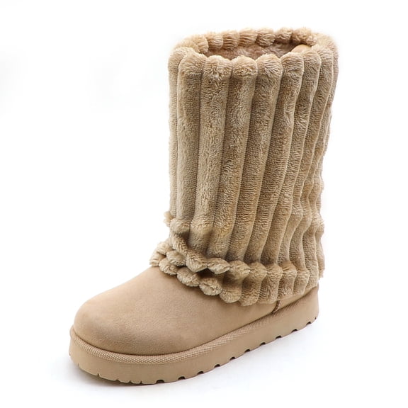 Lurnyet Women Winter Fuzzy Boots Faux Fur Lined 1.2 inch Sole Calf High