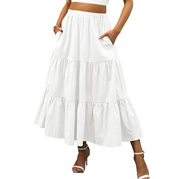 KOMOO Women Boho Maxi Skirt Floral Pleated A-Line Skirts Flowy Tiered Pockets Beach Skirt