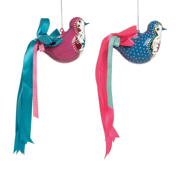 Boho Painted Bird Holiday Christmas Xmas Ornament Glass A/2