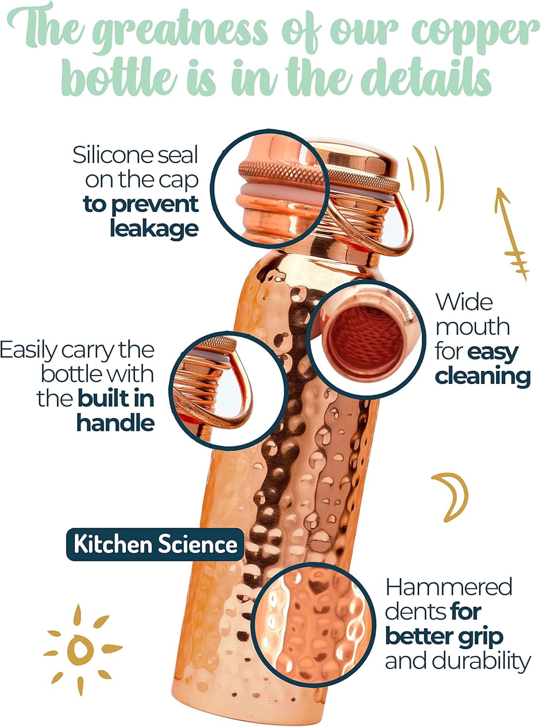 UM Authentic Ayurvedic Copper Water Bottle With Handle (34 oz/1000 ml) | Lab-Tested, Leak-Proof | Includes Free Sleeves & Carrying Bag | Ideal for Drinking Water