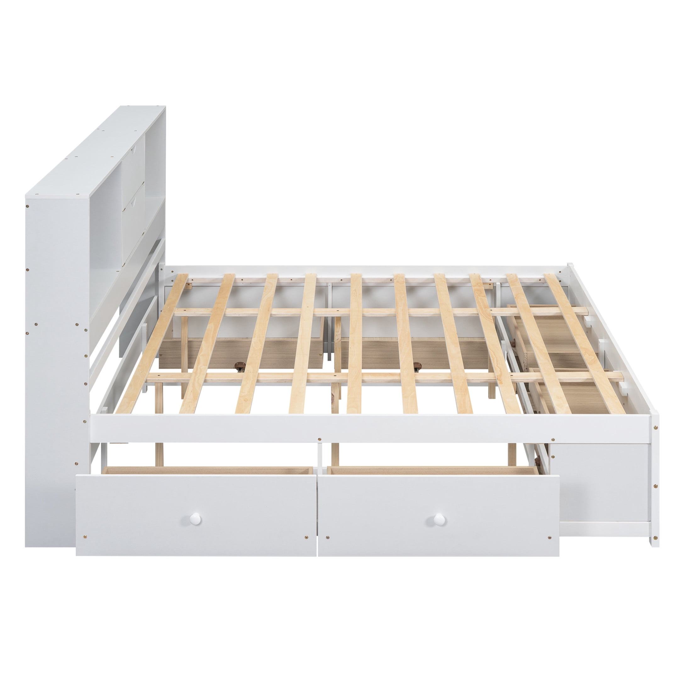 Noble House Solridge King Size Platform Bed with Bookcase Headboard and Storage Drawers, Solid Wood Frame, White
