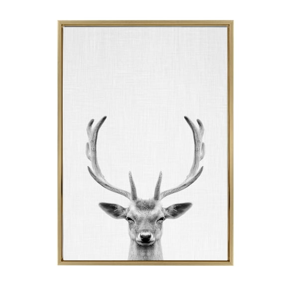 Kate and Laurel Sylvie Deer with Antlers Black and White Portrait Framed Canvas Wall Art by Simon Te Tai, 23x33 Gold