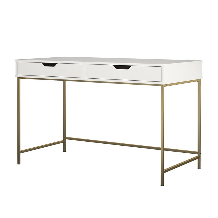 Aupodin Farmhouse Rattan 39.4 in. Retangular White/Gold Wood Computer Desk Writing Desk with 2-Drawer and Side Storage, White and Gold