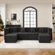 BEHOST 130 6-Piece Modular Sectional Sofa with 2 Movable Ottomans, U-Shaped Cloud Couch for Living Room, Modern Chenille Deep Seat Sofa Set, Flexible Oversized Sleeper Couches, Black