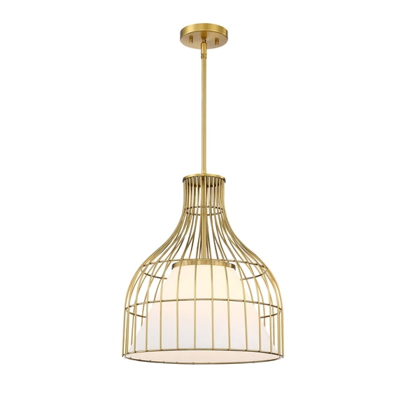 Evensong 60 Watt 1-Light Brushed Gold Bell Pendant with Etched Opal Glass Shade and Metal Outer Cage