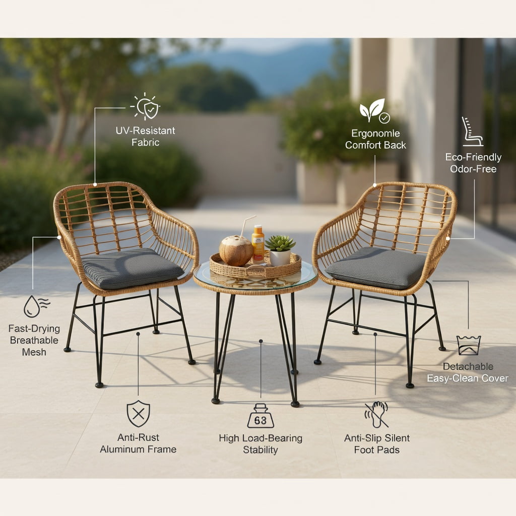 Hommoo 3-Piece Outdoor Rattan Patio Furniture Set, 2 Armchairs + Coffee Table with Removable Cushions, Tempered Glass Top, Weather-Resistant Wicker & Steel Frame, Gray